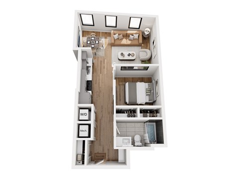 Floor plan for 1 bed, 1 bath, 672 sqft